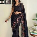 indian look royal black colour women wear from wedding function ready to wear saree